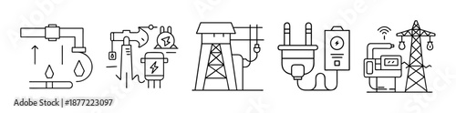 Clean line art icons representing utility infrastructure and energy
