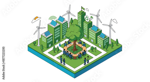 Eco friendly isometric city model with solar panels on roofs wind turbines and people meeting around a large central tree.