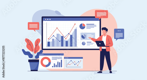 Professional businessman giving a presentation on a large digital screen with various financial charts and analytics data.