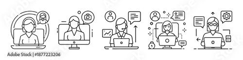 Line art illustrations of online support, customer service, and remote work