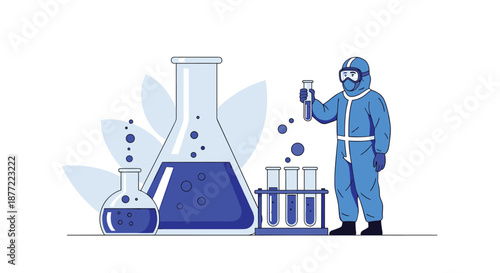 Professional scientist in a blue hazmat suit conducting experiments with large chemical beakers and test tubes in a laboratory.