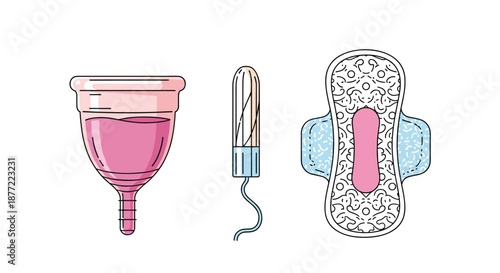 Set of female menstrual hygiene products including a menstrual cup a tampon and a sanitary pad on a white background.