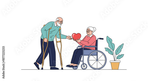 Kind elderly man with crutches giving a heart symbol to an older woman sitting in a wheelchair next to a plant.
