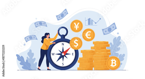 Professional woman using a giant compass to navigate financial success with stacks of coins and various currency icons.