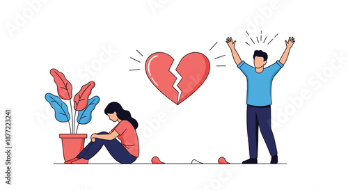 Sad man and woman sitting apart under a large broken heart symbol representing relationship problems and heartbreak.