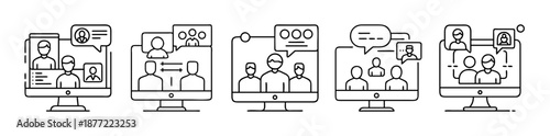 Monitors with line art icons for video conferencing and remote