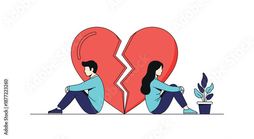 Man and woman sitting back to back in silence in front of a giant cracked heart symbolizing a failing relationship.