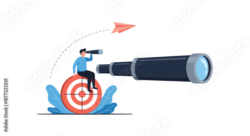 Visionary businessman sitting on a bullseye target looking through a telescope while a paper plane flies overhead.