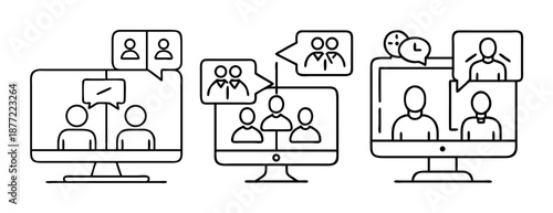 Line art icons illustrating online virtual meetings and group video calls
