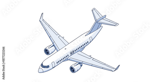 Detailed isometric view of a large white commercial passenger jet airplane flying through the clouds in a blue sky.