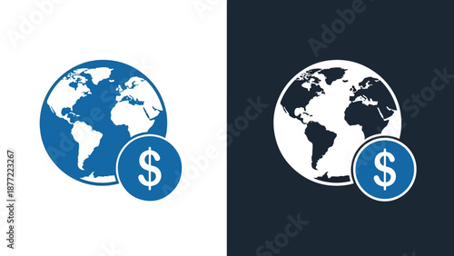 Global finance dollar world map vector illustration flat design. Blue icon bundle. Line and glyph icon set. Outline and solid icon collection. Editable Stroke Flat Vector