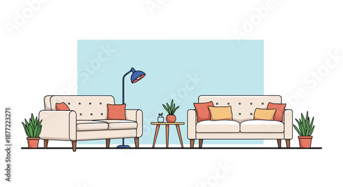 Comfortable modern living room interior design with two beige sofas a floor lamp a side table and various potted plants.