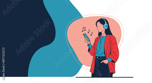 Stylish young woman wearing headphones listening to music on her smartphone with musical notes floating around.