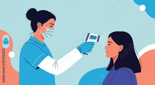 Medical nurse in a mask and gloves measuring the forehead temperature of a young woman with an infrared thermometer.
