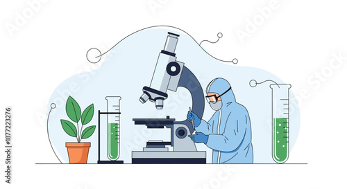 Researcher in a hazmat suit using a pipette and microscope in a laboratory with plants and green test tube solutions.