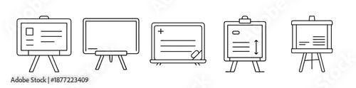 Simple black and white line art icons of presentation boards and easels