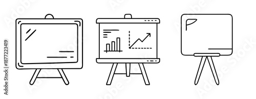 Line art illustration of three presentation whiteboards on easels