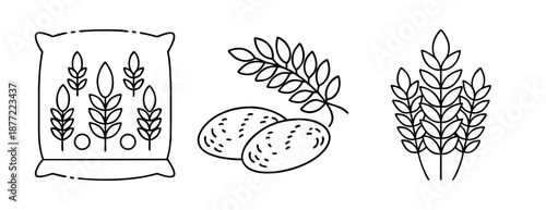 Line Art Icons of Agricultural Crops: Grain Sack, Potatoes, and Wheat