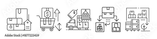 Modern Logistics, Delivery, and Commerce Line Icons on White Background