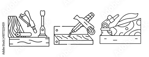 Three line art icons illustrating classic woodworking tools and processes