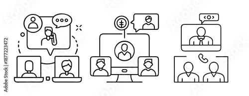 Line art icons for remote communication and online collaboration on a