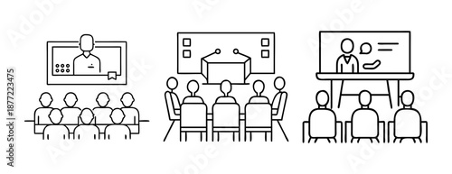 Outline icons illustrating business meetings, conference presentations