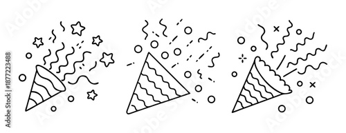 Line art illustration of three festive party poppers bursting