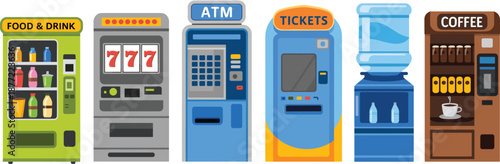 Modern vending machines set illustration including food drink ATM ticket coffee water dispenser casino slot machines flat vector design
