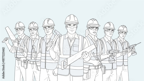 A diverse team of seven construction workers in safety gear holding various tools.