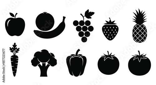 A collection of various fruit and vegetable icons presented in a striking black silhouette