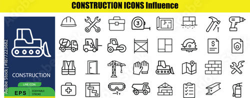 Set of 20 Outline Construction on White Background tools equipment safety
