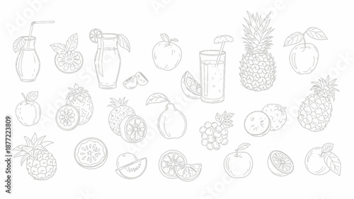 Line art illustrations of various fresh fruits and refreshing fruit juices, including pineapples, apples, oranges, kiwis, and grapes.