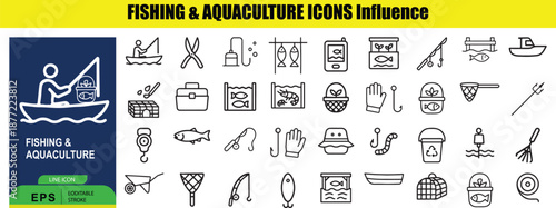 Set of 25 outline related to fishing and aquaculture on white background fishing rod