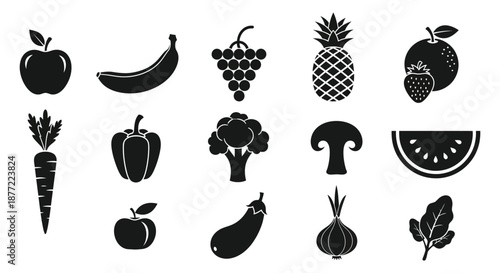 Collection of various fruit and vegetable icons showcased in a dark minimalist silhouette