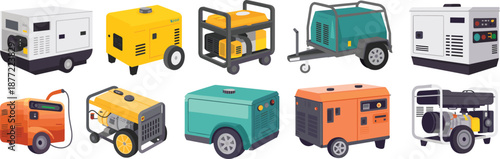 Portable industrial power generators vector illustration set featuring backup electricity machines for construction emergency energy supply and outdoor use