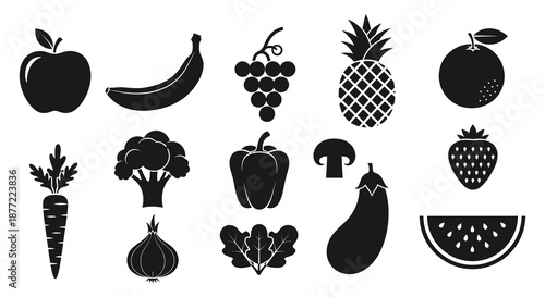 Variety of fresh fruits and vegetables presented in a bold graphic style silhouette