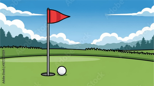 A vibrant illustration of a golf course green with a red flag in the hole and a white golf ball nearby under a bright blue sky.