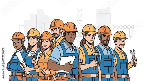A diverse team of male and female construction workers and tradespeople wearing hard hats and overalls, holding tools, with a building site background.