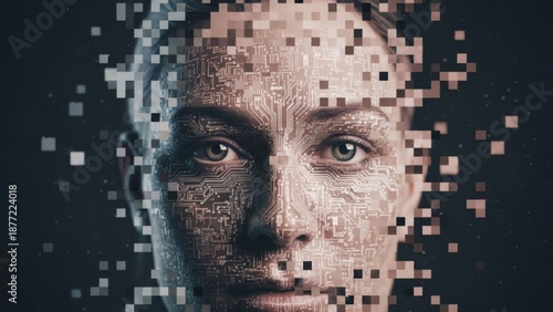 Digital Human Face with Circuitry Pattern and Pixel Glitch Effect
