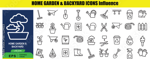 Set of 26 outline for home garden and backyard tools and gardening