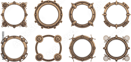 Steampunk mechanical circular frames collection illustration with bronze gears bolts industrial ornament borders flat vector design set elements vintage machinery