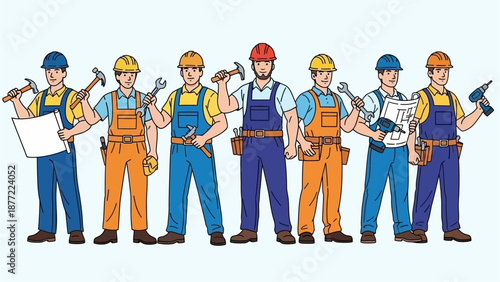 A group of seven diverse male construction workers and tradesmen standing in a line, wearing hard hats and overalls, holding various tools like hammers, wrenches, and drills.
