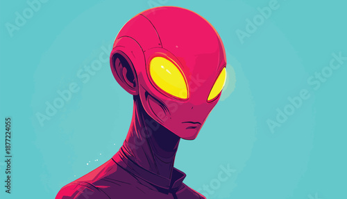Stylized Illustration of a Red Alien with Glowing Yellow Eyes.