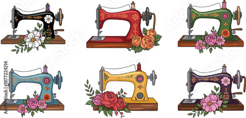 Vintage sewing machine floral vector illustration set showing colorful antique tailoring equipment decorative flowers craft fashion design elements