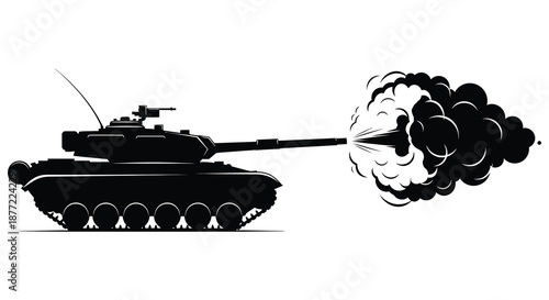 A powerful black tank firing its cannon with a large smoke plume a dramatic silhouette