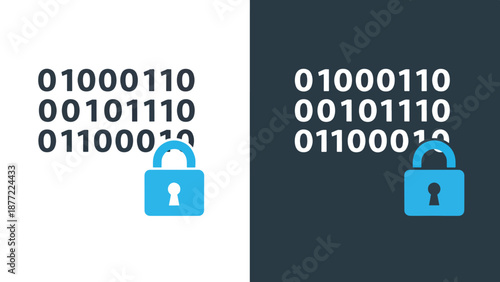 Digital Security Lock Binary Code Vector Icon Set Flat Design. Blue icon bundle. Line and glyph icon set. Outline and solid icon collection. Editable Stroke Flat Vector