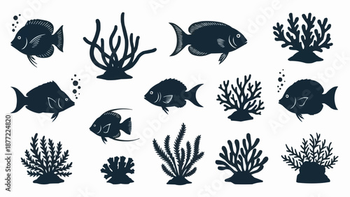 Collection of Silhouetted Tropical Fish and Coral Reef Elements.