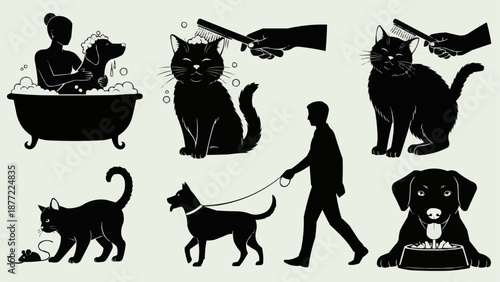 Collection of Silhouettes Depicting Pet Care Activities.