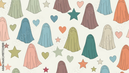 Seamless pattern of colorful hijab icons and stars flat vector illustration for Islamic fashion modest clothing design and cultural representation