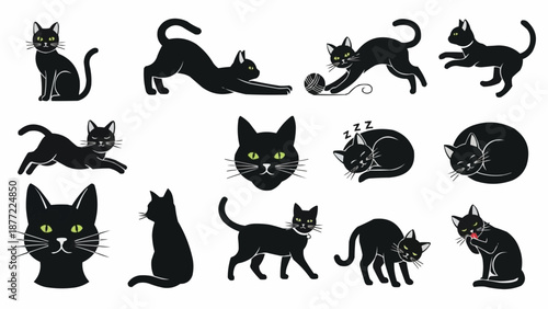 Collection of Silhouettes of Black Cats in Various Poses.